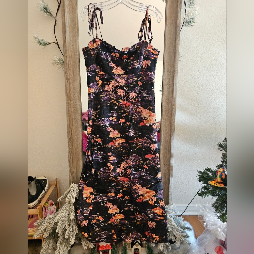 Free People Black and Pink Floral Midi Dress